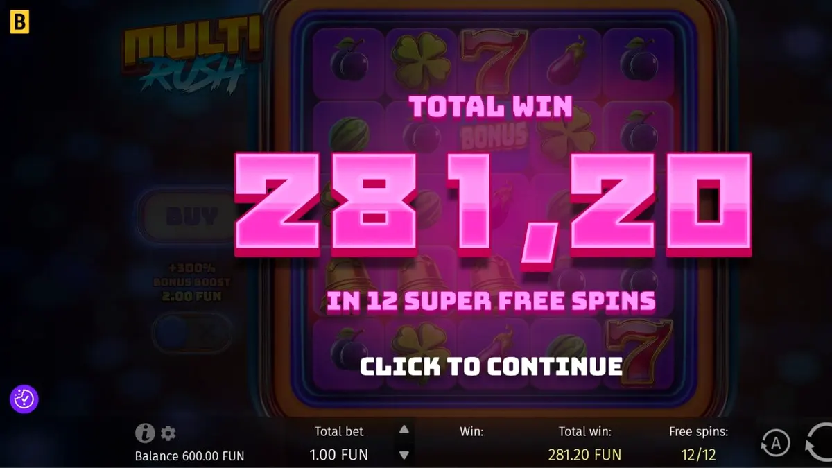 Tampilan visual neon dan simbol retro pada slot Multi Rush