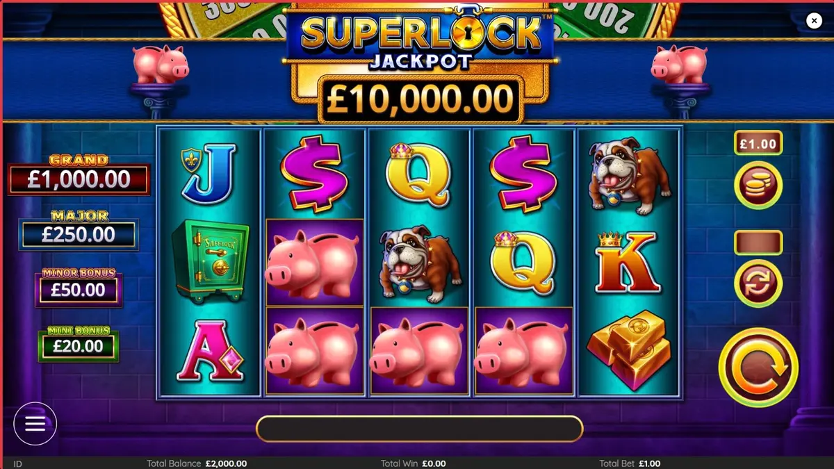 Tampilan visual mewah dari slot Piggy Bankin’ Super Lock dengan tema brankas dan emas